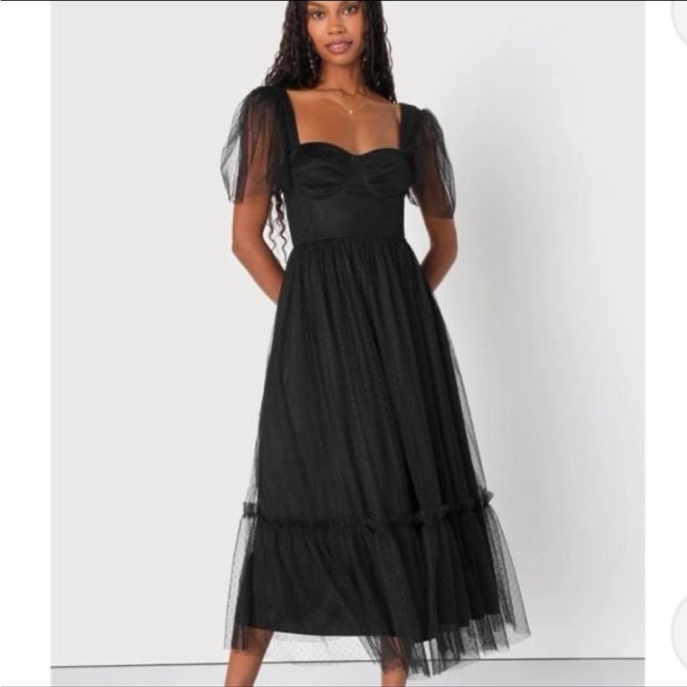 NWOT Lulus Dreamy Celebration Black Tulle Bustier Swiss Dot Midi Dress Size S